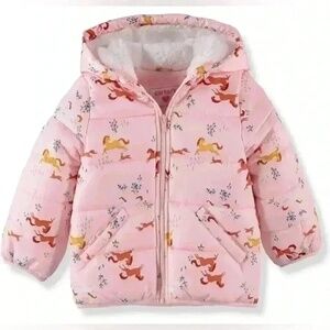 Carters Baby Girl 18M Pink Horse Print Hooded Puffer Jacket Fleece Lined